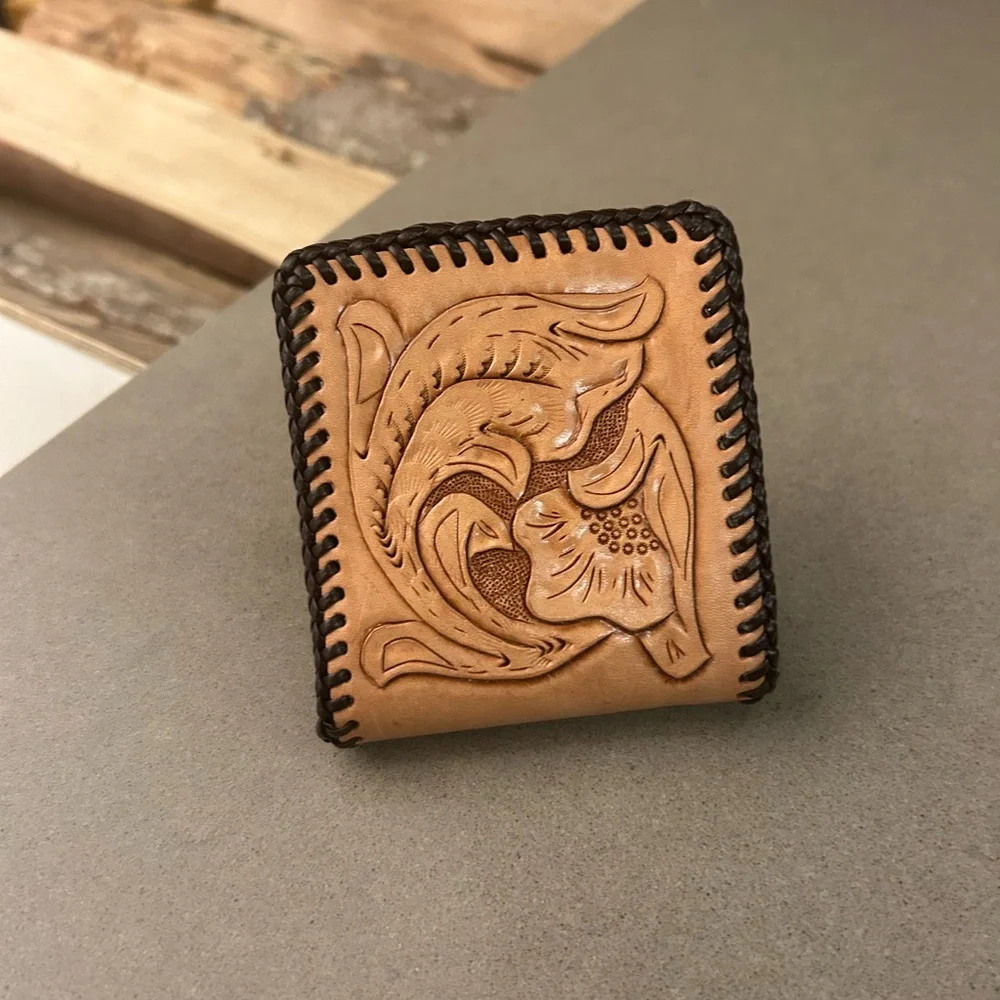 Wallet Handcrafted Leather Card Holder with Fish Design-no flaws